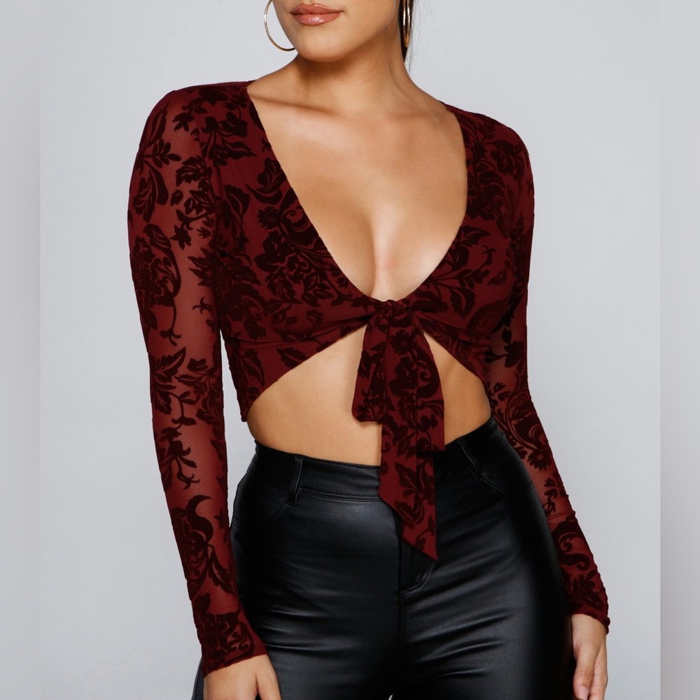 Fancy Me Velvet Burnout Tie-Front Top